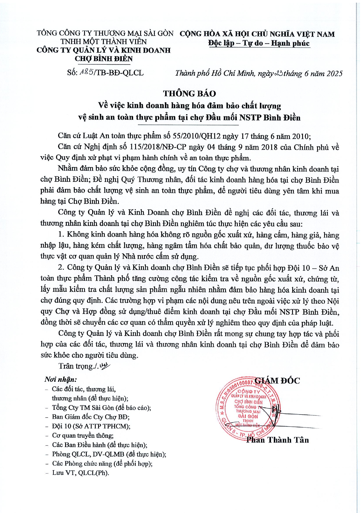 THÔNG BÁO VỀ VIỆC KINH DOANH HÀNG HÓA ĐẢM BẢO CHẤT LƯỢNG VỆ SINH AN TOÀN THỰC PHẨM TẠI CHỢ ĐẦU MỐI NSTP BÌNH ĐIỀN