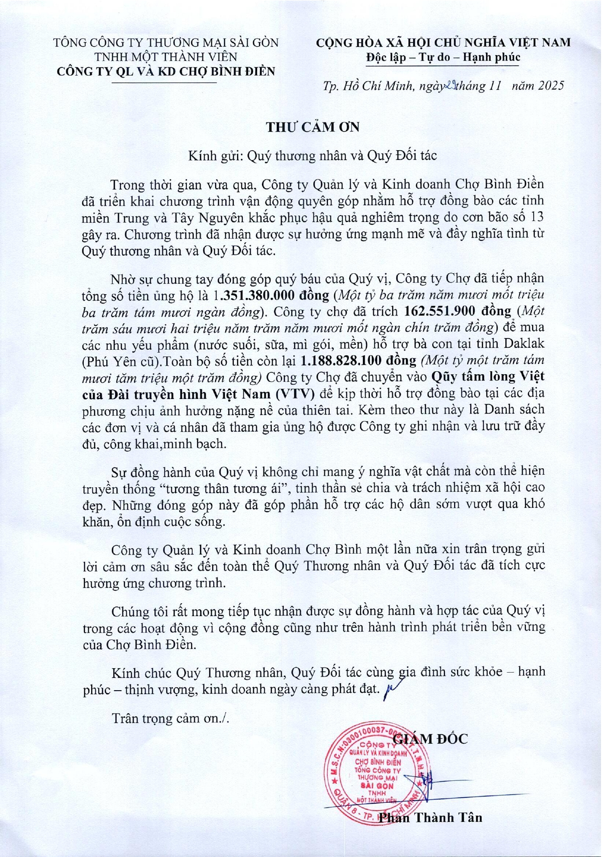 Công ty Quản lý và Kinh doanh Chợ Bình Điền phát động quyên góp ủng hộ đồng bào bị ảnh hưởng bởi mưa lũ